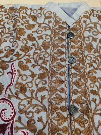 Artisan-Crafted Kashmiri Aari Embroidered Jacket - grey and maroon Statement Coat