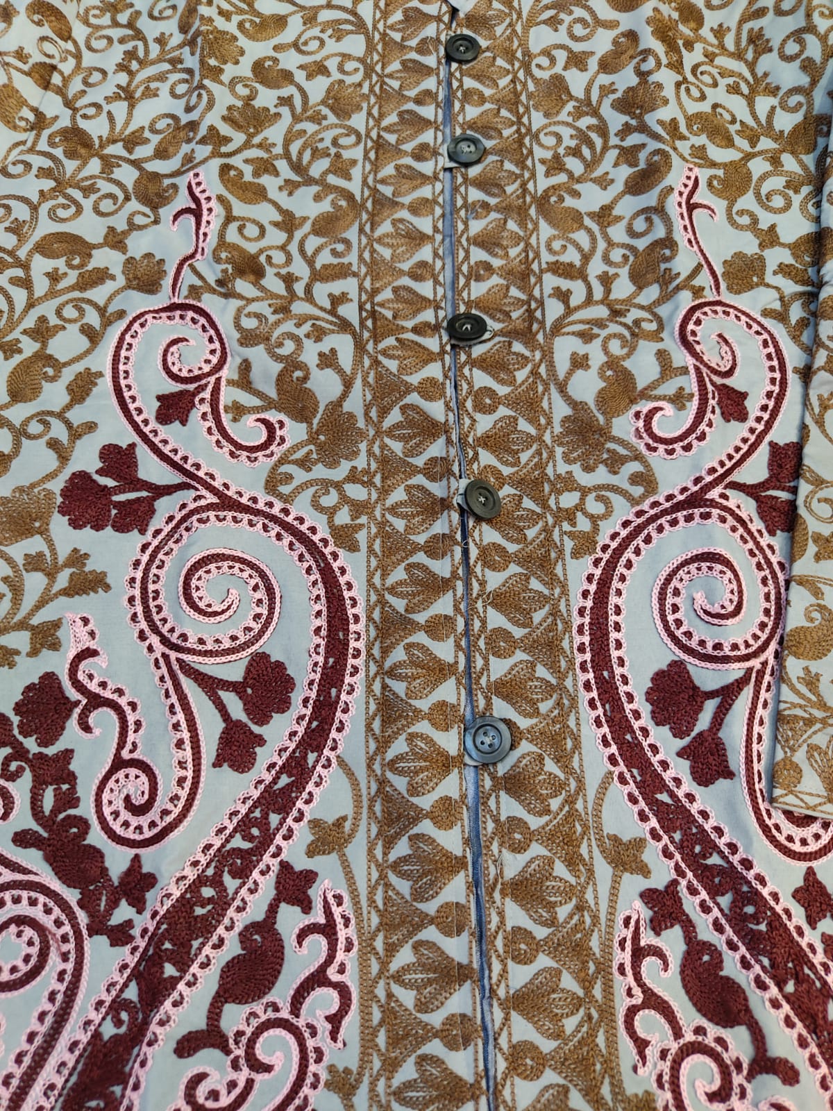 Artisan-Crafted Kashmiri Aari Embroidered Jacket - grey and maroon Statement Coat