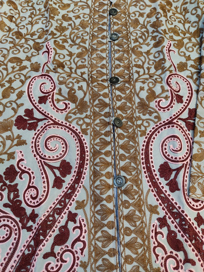 Artisan-Crafted Kashmiri Aari Embroidered Jacket - grey and maroon Statement Coat