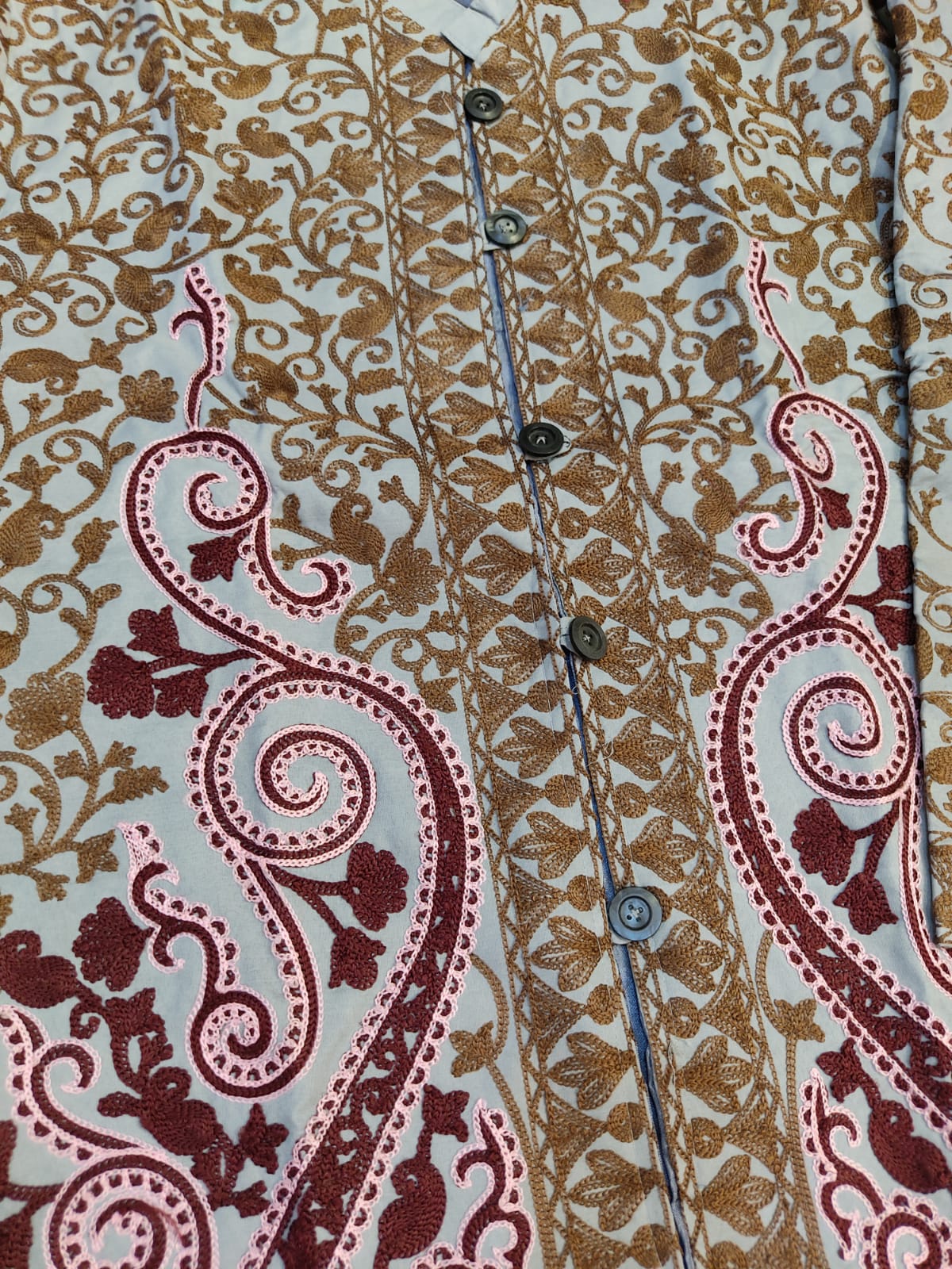 Artisan-Crafted Kashmiri Aari Embroidered Jacket - grey and maroon Statement Coat