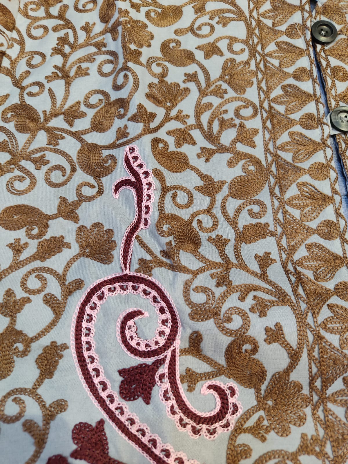 Artisan-Crafted Kashmiri Aari Embroidered Jacket - grey and maroon Statement Coat