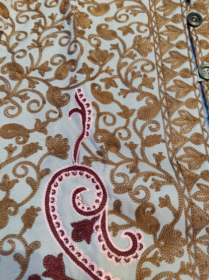 Artisan-Crafted Kashmiri Aari Embroidered Jacket - grey and maroon Statement Coat