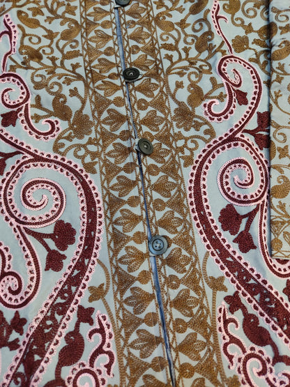 Artisan-Crafted Kashmiri Aari Embroidered Jacket - grey and maroon Statement Coat