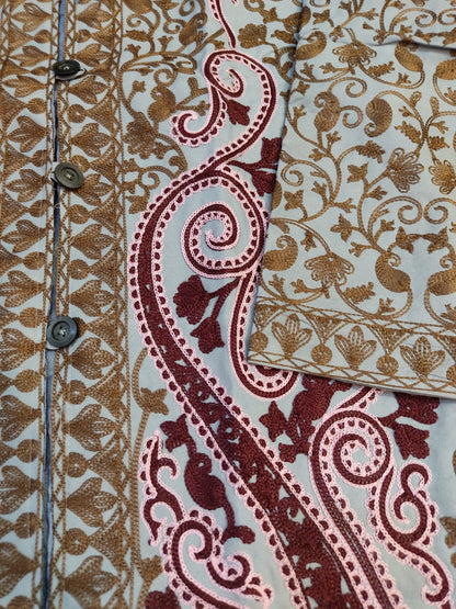 Artisan-Crafted Kashmiri Aari Embroidered Jacket - grey and maroon Statement Coat