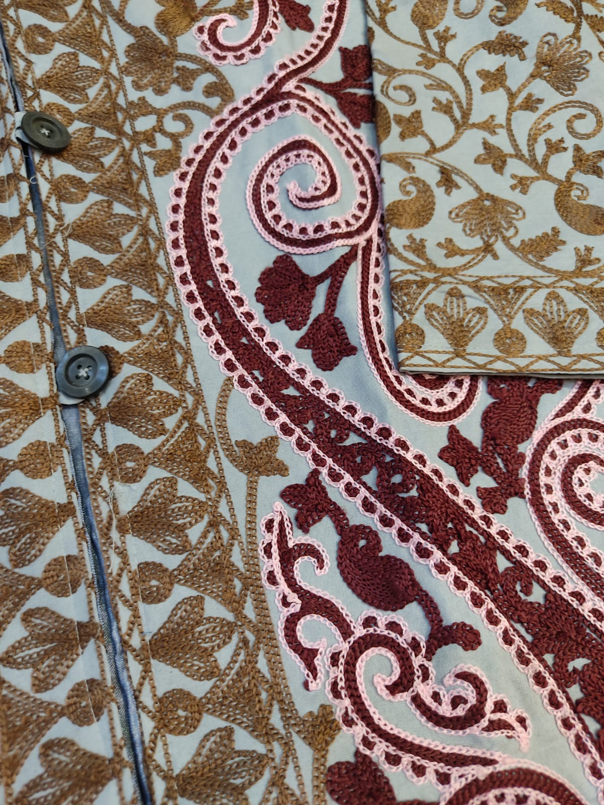 Artisan-Crafted Kashmiri Aari Embroidered Jacket - grey and maroon Statement Coat