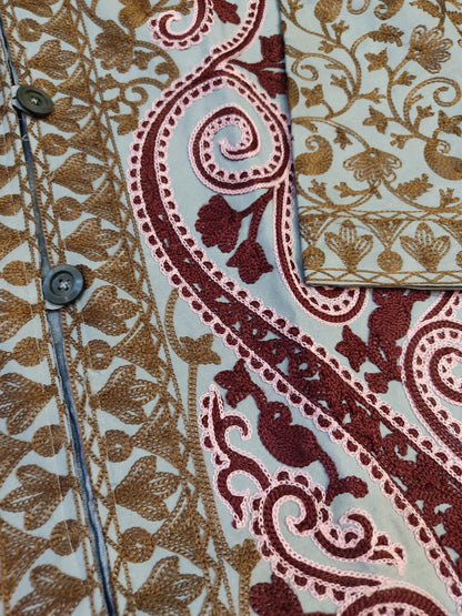 Artisan-Crafted Kashmiri Aari Embroidered Jacket - grey and maroon Statement Coat