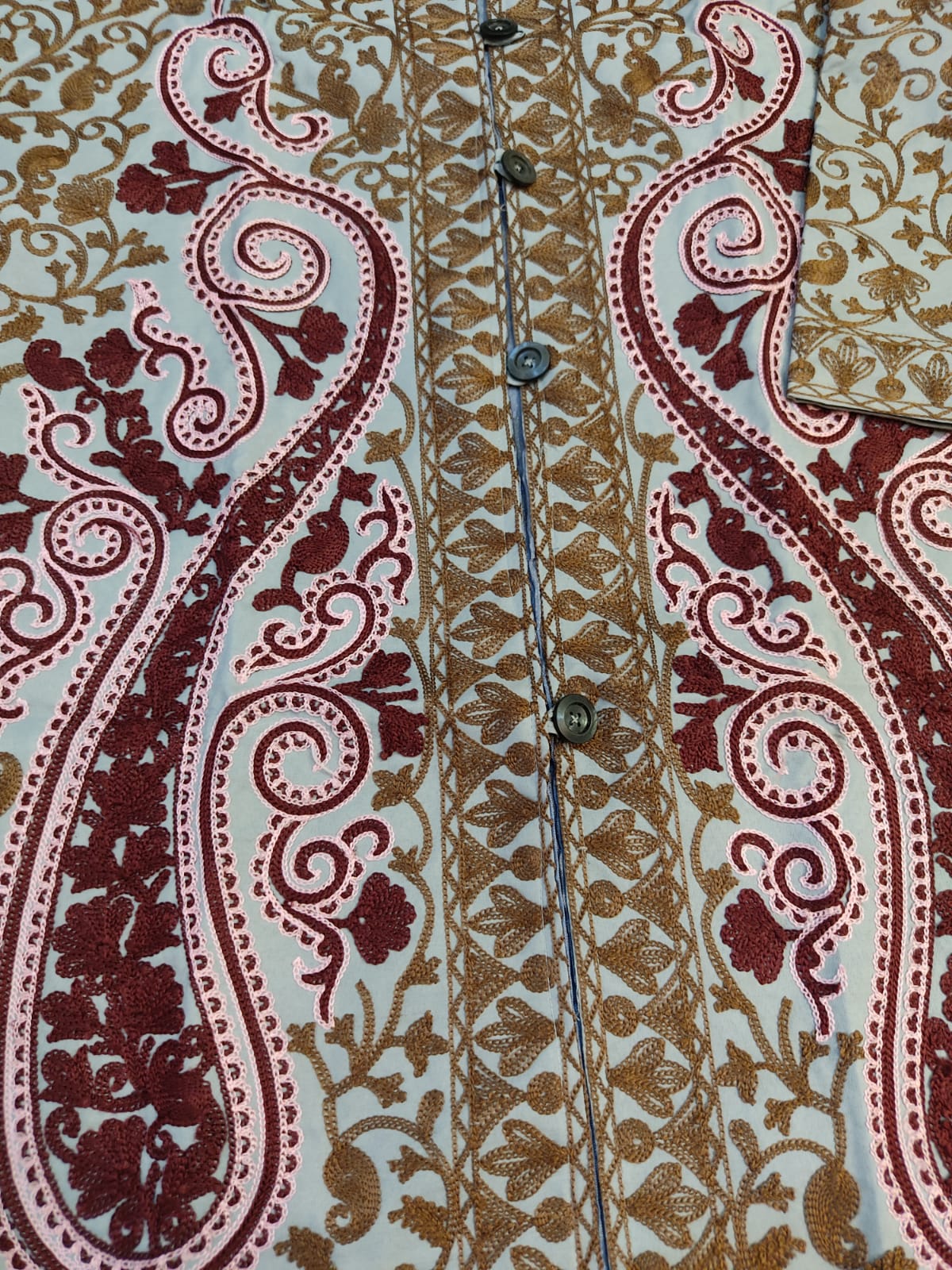 Artisan-Crafted Kashmiri Aari Embroidered Jacket - grey and maroon Statement Coat