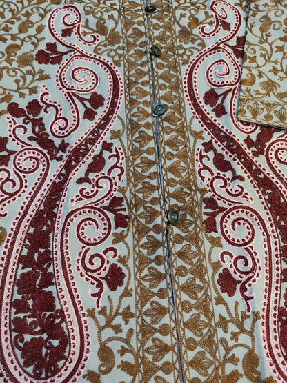 Artisan-Crafted Kashmiri Aari Embroidered Jacket - grey and maroon Statement Coat