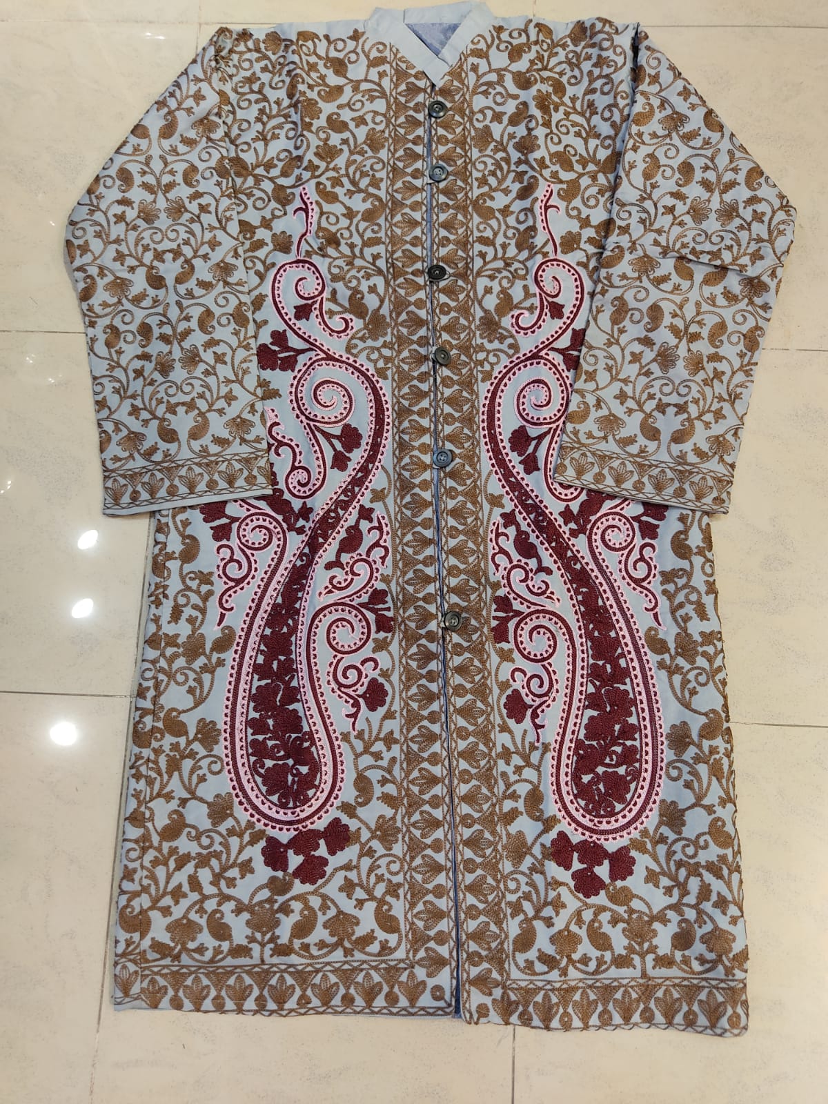 Artisan-Crafted Kashmiri Aari Embroidered Jacket - grey and maroon Statement Coat