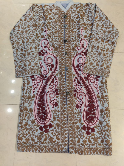 Artisan-Crafted Kashmiri Aari Embroidered Jacket - grey and maroon Statement Coat