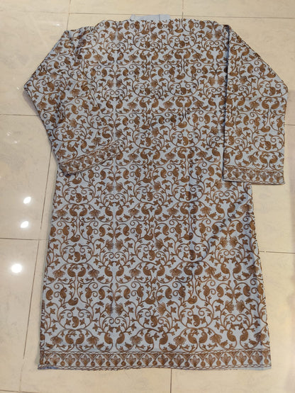 Artisan-Crafted Kashmiri Aari Embroidered Jacket - grey and maroon Statement Coat