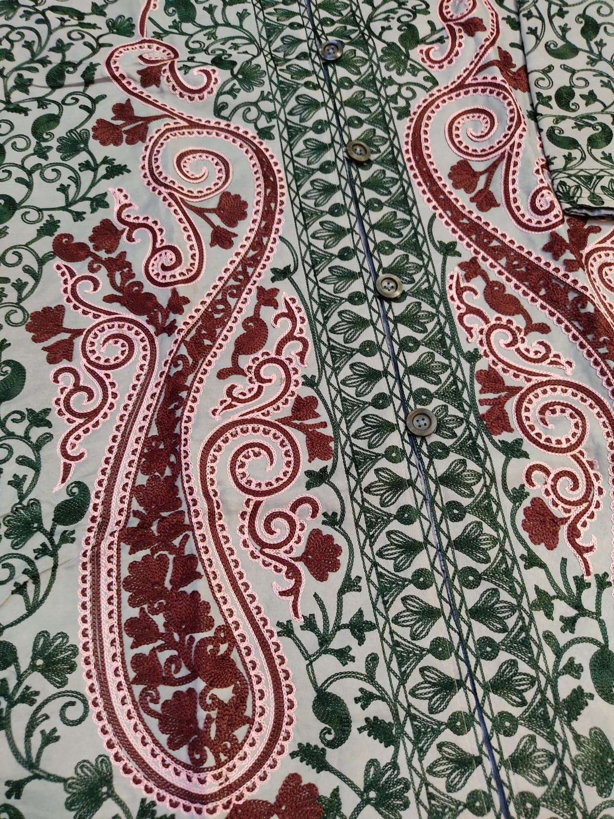 Artisan-Crafted Kashmiri Aari Embroidered Jacket - green and grey statement