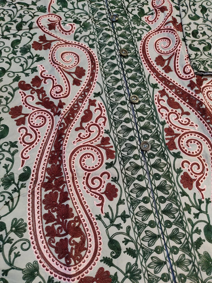 Artisan-Crafted Kashmiri Aari Embroidered Jacket - green and grey statement