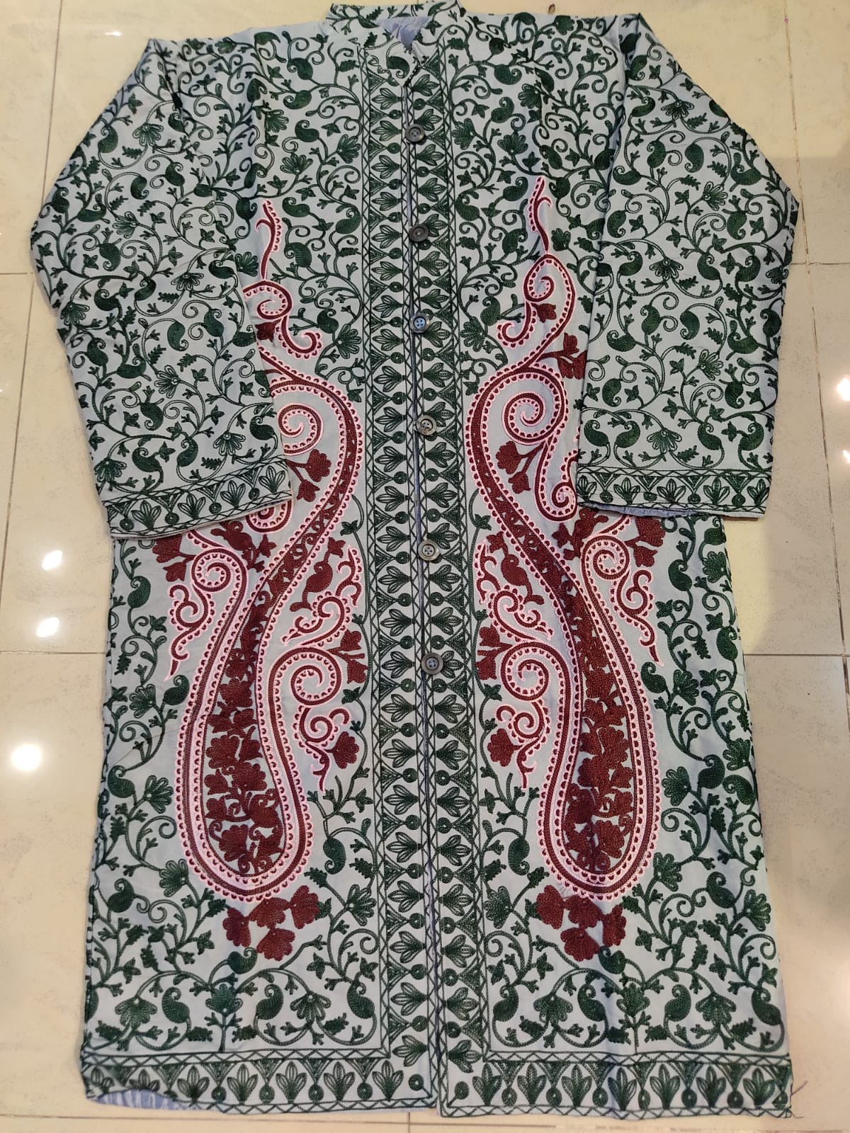 Artisan-Crafted Kashmiri Aari Embroidered Jacket - green and grey statement
