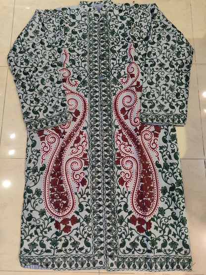 Artisan-Crafted Kashmiri Aari Embroidered Jacket - green and grey statement