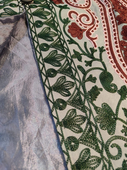 Artisan-Crafted Kashmiri Aari Embroidered Jacket - green and grey statement