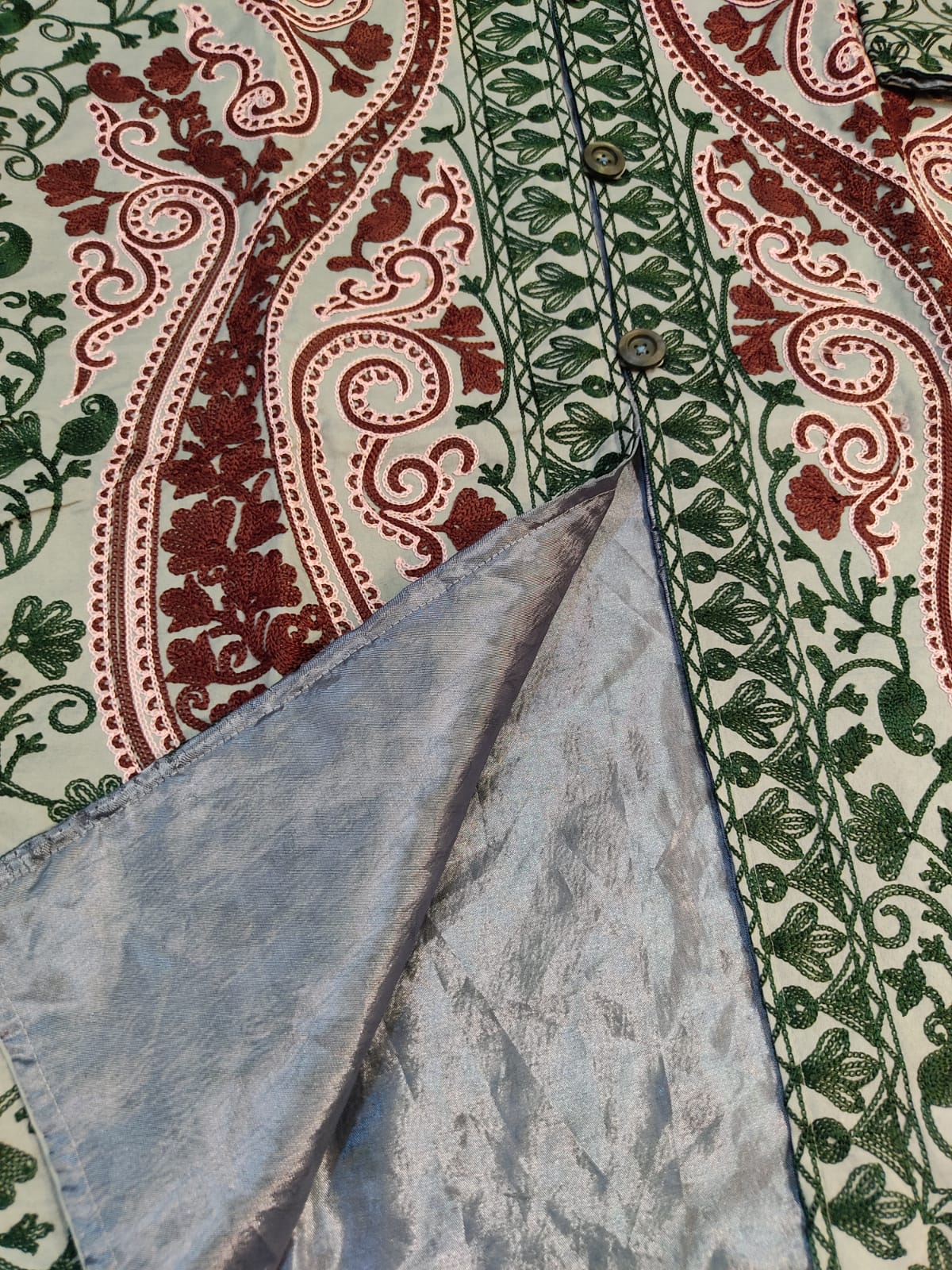 Artisan-Crafted Kashmiri Aari Embroidered Jacket - green and grey statement