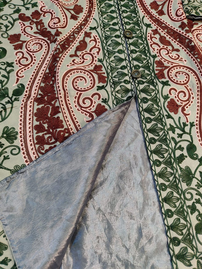 Artisan-Crafted Kashmiri Aari Embroidered Jacket - green and grey statement
