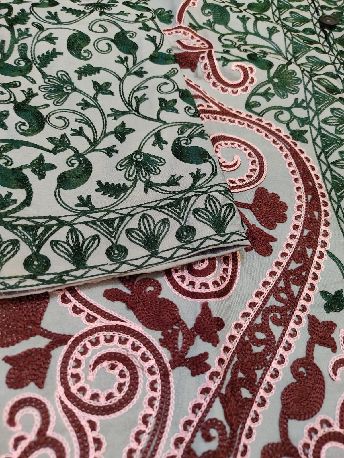 Artisan-Crafted Kashmiri Aari Embroidered Jacket - green and grey statement