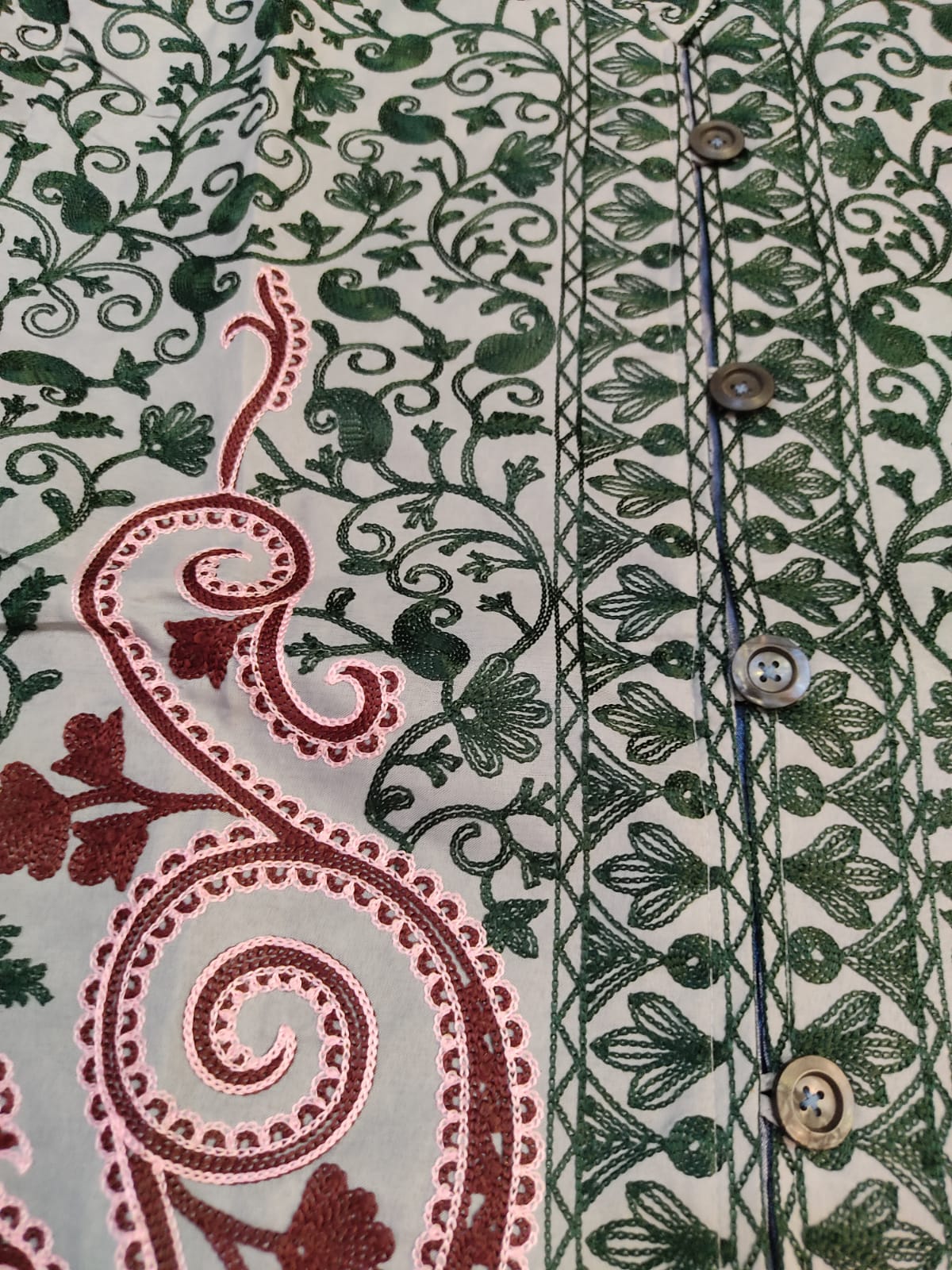 Artisan-Crafted Kashmiri Aari Embroidered Jacket - green and grey statement