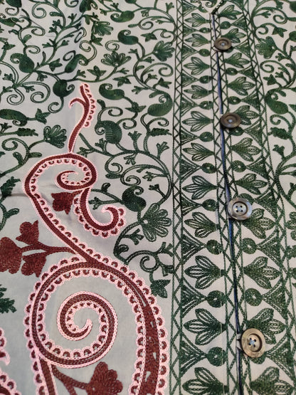 Artisan-Crafted Kashmiri Aari Embroidered Jacket - green and grey statement