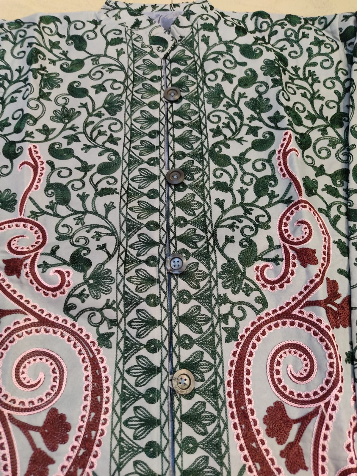 Artisan-Crafted Kashmiri Aari Embroidered Jacket - green and grey statement