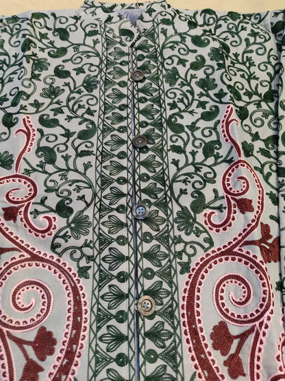Artisan-Crafted Kashmiri Aari Embroidered Jacket - green and grey statement