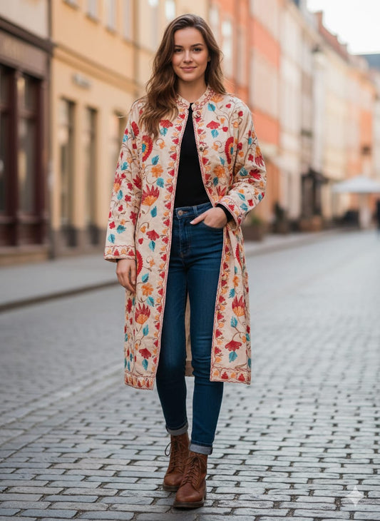 Artisan-Crafted Kashmiri Aari Embroidered Jacket - off white multi color Statement Coat