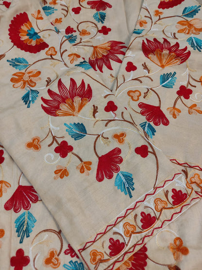 Artisan-Crafted Kashmiri Aari Embroidered Jacket - off white multi color Statement Coat