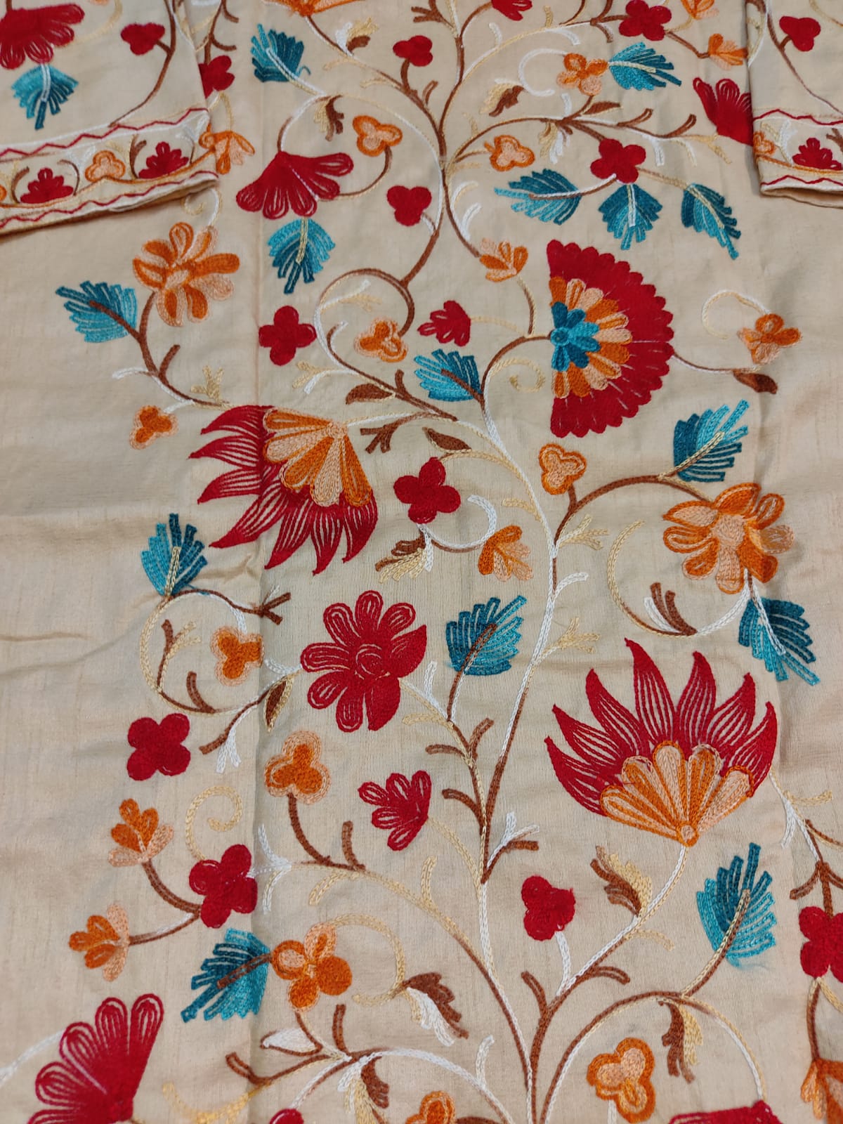 Artisan-Crafted Kashmiri Aari Embroidered Jacket - off white multi color Statement Coat