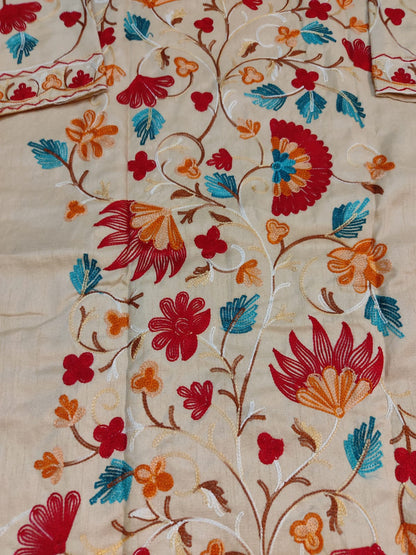 Artisan-Crafted Kashmiri Aari Embroidered Jacket - off white multi color Statement Coat