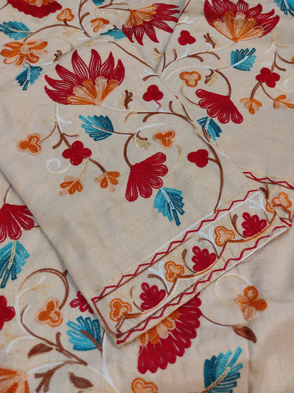 Artisan-Crafted Kashmiri Aari Embroidered Jacket - off white multi color Statement Coat