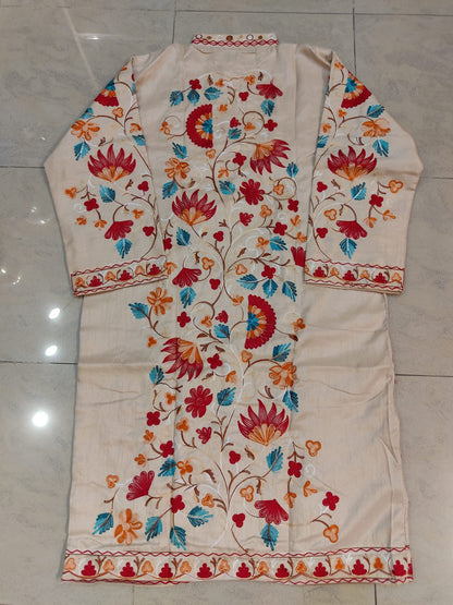 Artisan-Crafted Kashmiri Aari Embroidered Jacket - off white multi color Statement Coat