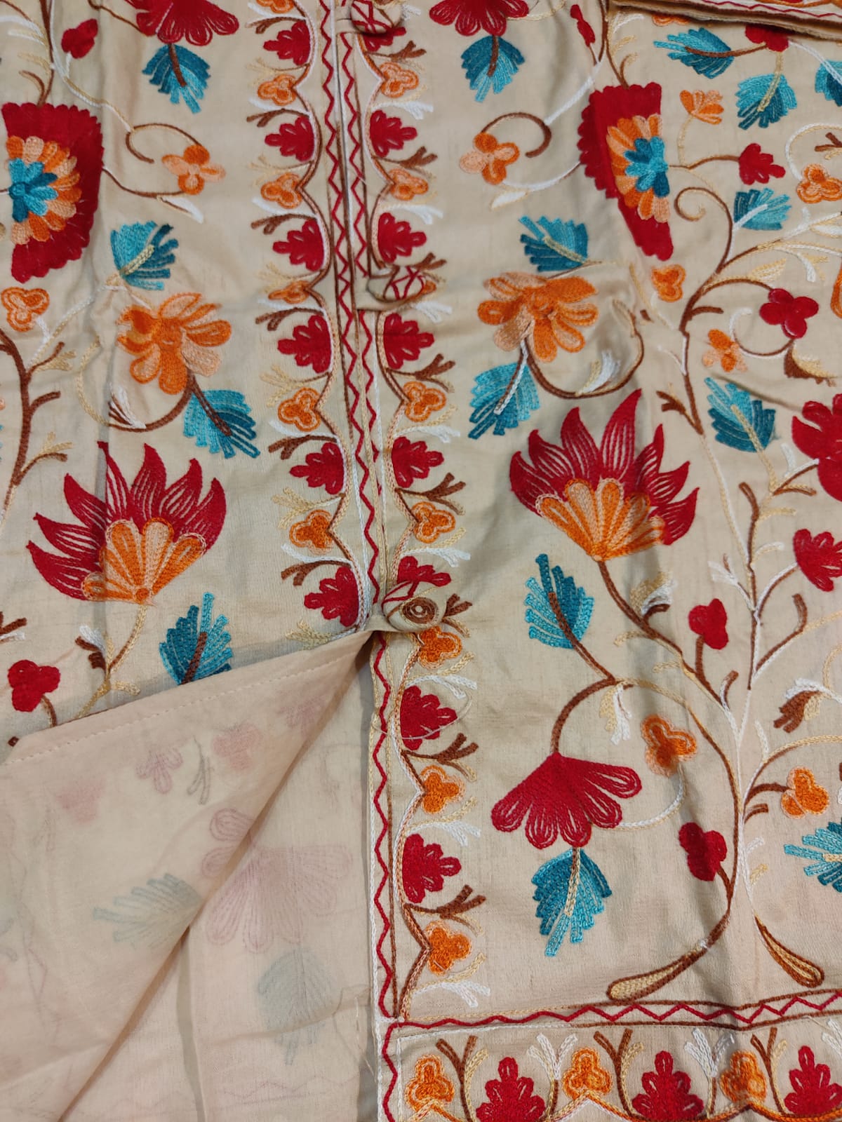 Artisan-Crafted Kashmiri Aari Embroidered Jacket - off white multi color Statement Coat