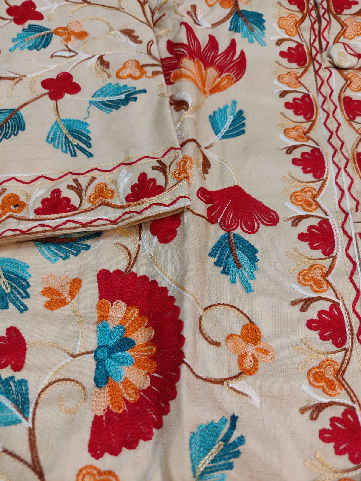 Artisan-Crafted Kashmiri Aari Embroidered Jacket - off white multi color Statement Coat