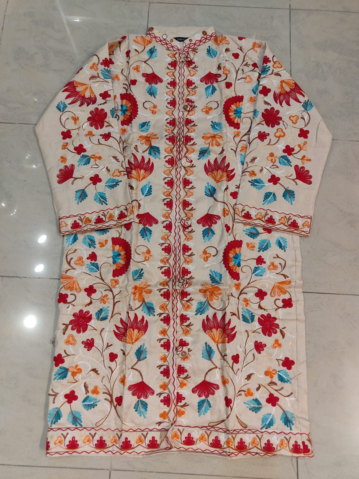 Artisan-Crafted Kashmiri Aari Embroidered Jacket - off white multi color Statement Coat