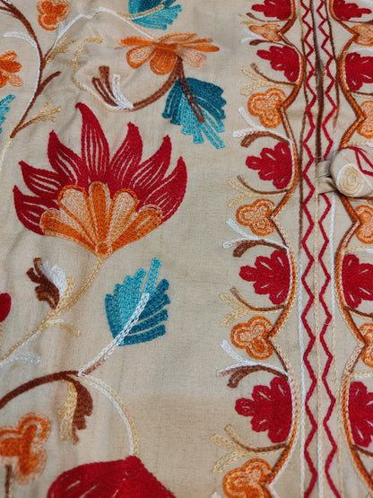 Artisan-Crafted Kashmiri Aari Embroidered Jacket - off white multi color Statement Coat