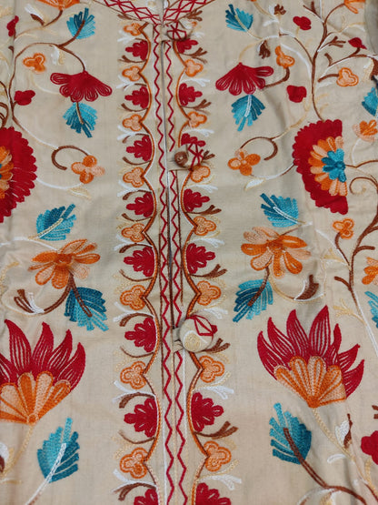 Artisan-Crafted Kashmiri Aari Embroidered Jacket - off white multi color Statement Coat
