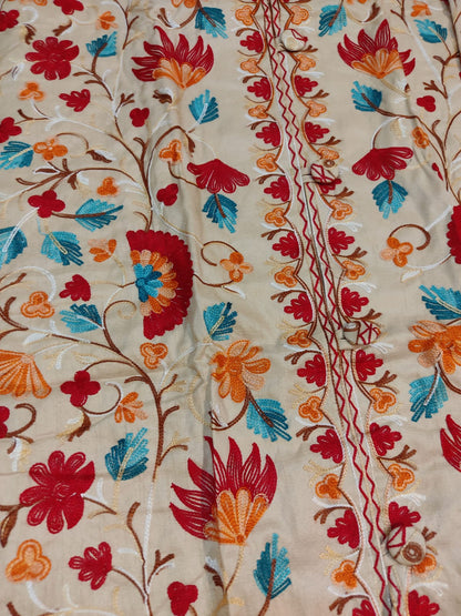 Artisan-Crafted Kashmiri Aari Embroidered Jacket - off white multi color Statement Coat