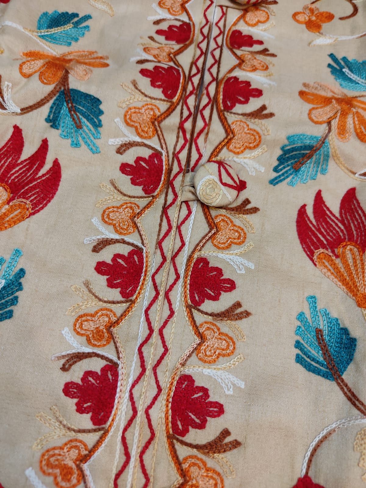 Artisan-Crafted Kashmiri Aari Embroidered Jacket - off white multi color Statement Coat