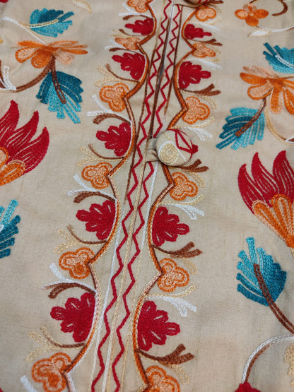 Artisan-Crafted Kashmiri Aari Embroidered Jacket - off white multi color Statement Coat