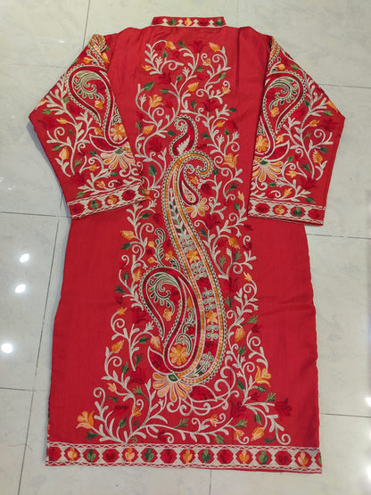 Artisan-Crafted Kashmiri Aari Embroidered Jacket - Red and multi color Statement Coat