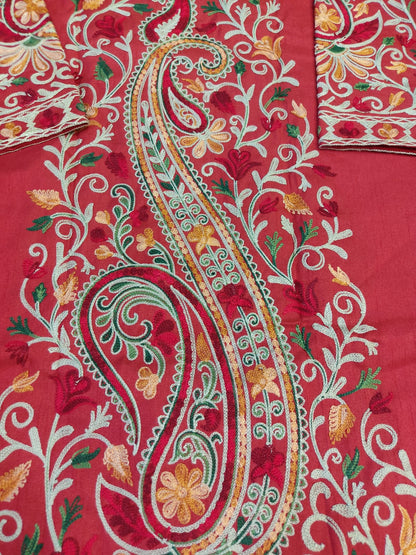 Artisan-Crafted Kashmiri Aari Embroidered Jacket - Red and multi color Statement Coat