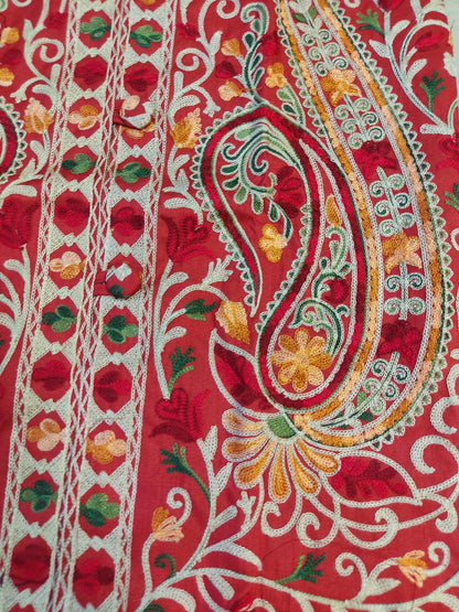 Artisan-Crafted Kashmiri Aari Embroidered Jacket - Red and multi color Statement Coat