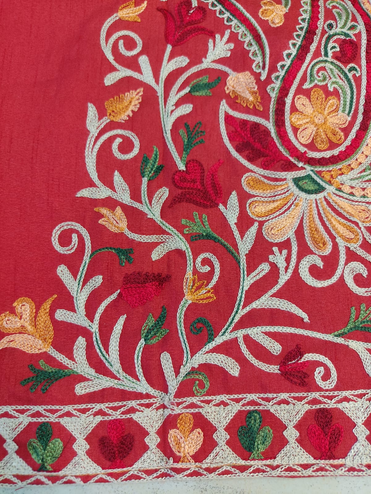 Artisan-Crafted Kashmiri Aari Embroidered Jacket - Red and multi color Statement Coat