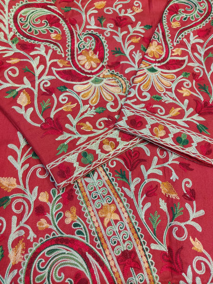 Artisan-Crafted Kashmiri Aari Embroidered Jacket - Red and multi color Statement Coat