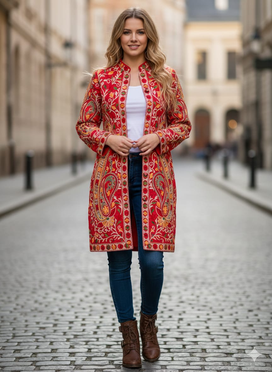 Artisan-Crafted Kashmiri Aari Embroidered Jacket - Red and multi color Statement Coat