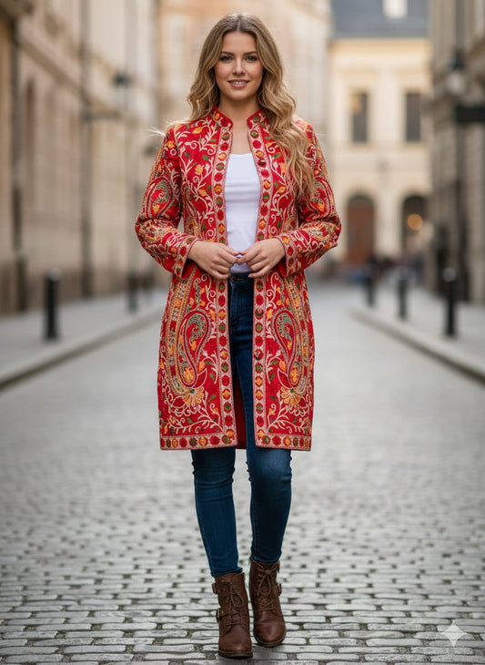 Artisan-Crafted Kashmiri Aari Embroidered Jacket - Red and multi color Statement Coat