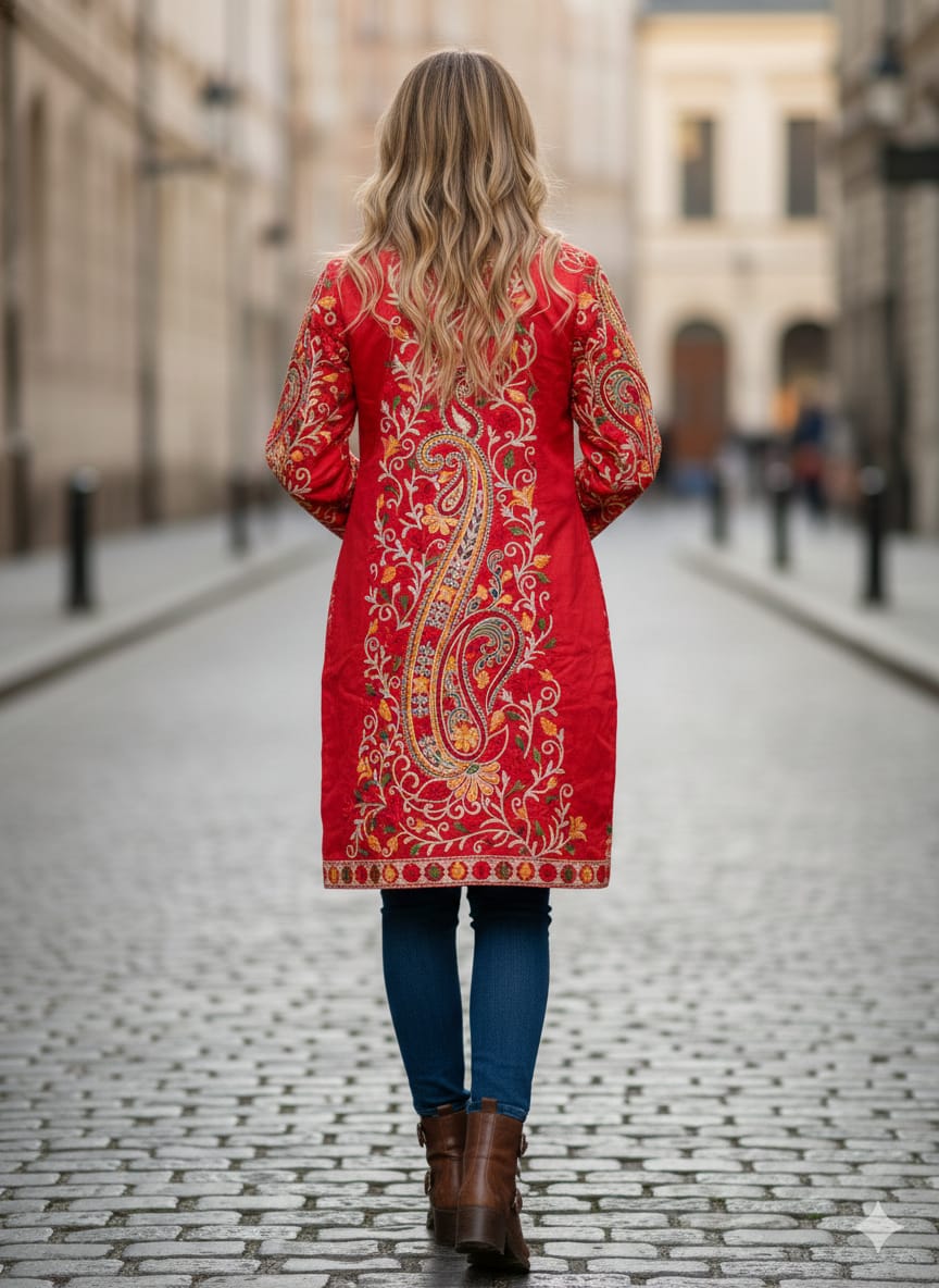 Artisan-Crafted Kashmiri Aari Embroidered Jacket - Red and multi color Statement Coat