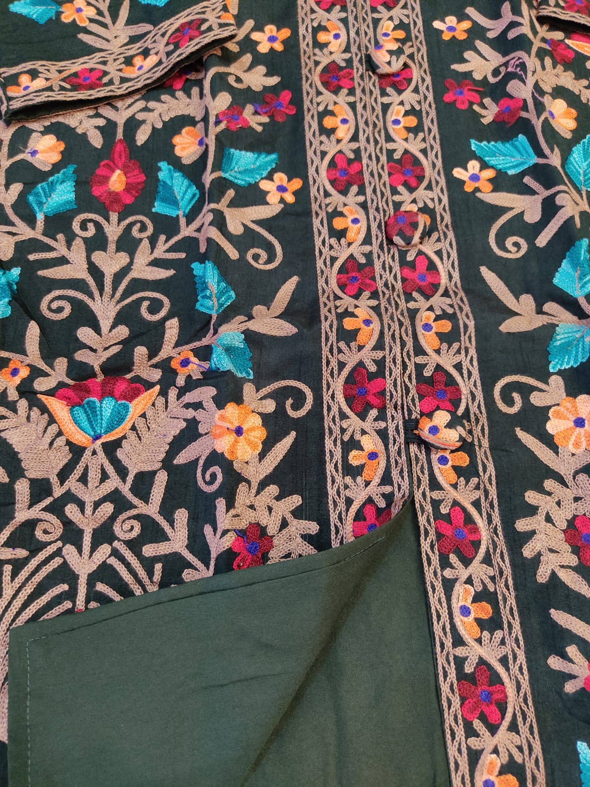 Artisan-Crafted Kashmiri Aari Embroidered Jacket - green Floral Statement Coat